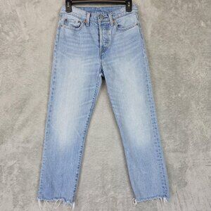 Levis Jeans Womens 27 Light Blue Straight Crop Distressed Raw Hem Button Fly